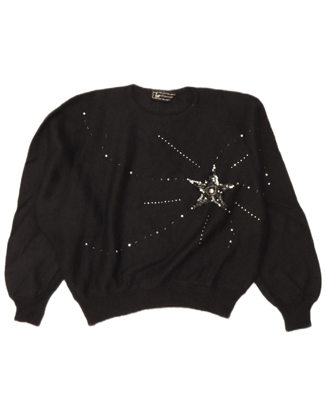 Pulover de damă vintage oversize crop cu decolteu rotund IT 46 mare negru