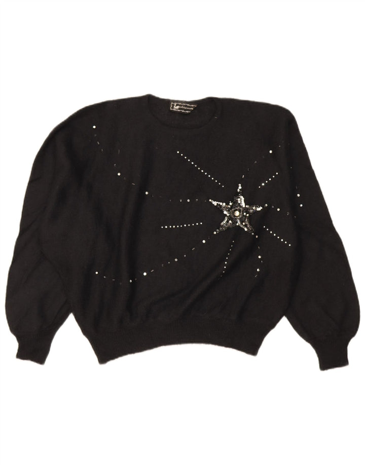 Pulover de damă vintage oversize crop cu decolteu rotund IT 46 mare negru