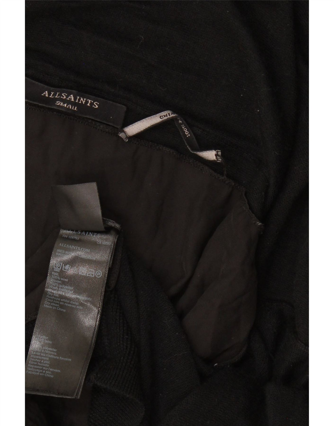 ALL SAINTS Pulover cardigan deschis asimetric pentru femei UK 10 Lână neagră mică