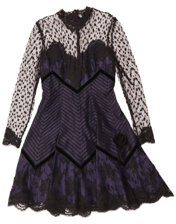 Rochie A-Line cu mânecă lungă de epocă pentru femei UK 10 Mic albastru marin gotic floral