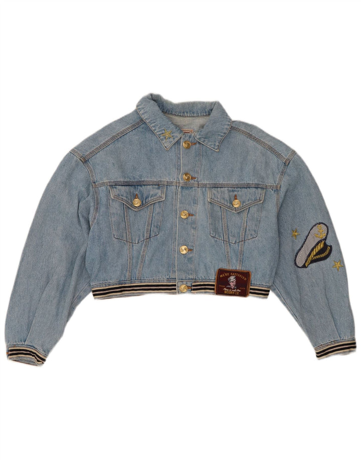 Jachetă de denim cu grafică vintage pentru femei UK 14, bumbac albastru mediu