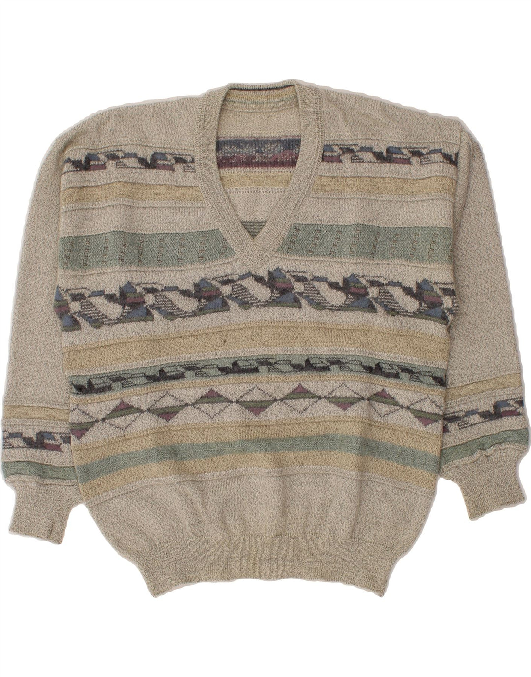 VINTAGE Mens V-Neck Jumper Sweater Medium Grey Geometric Vintage Vintage and Second-Hand Vintage from Messina Hembry 