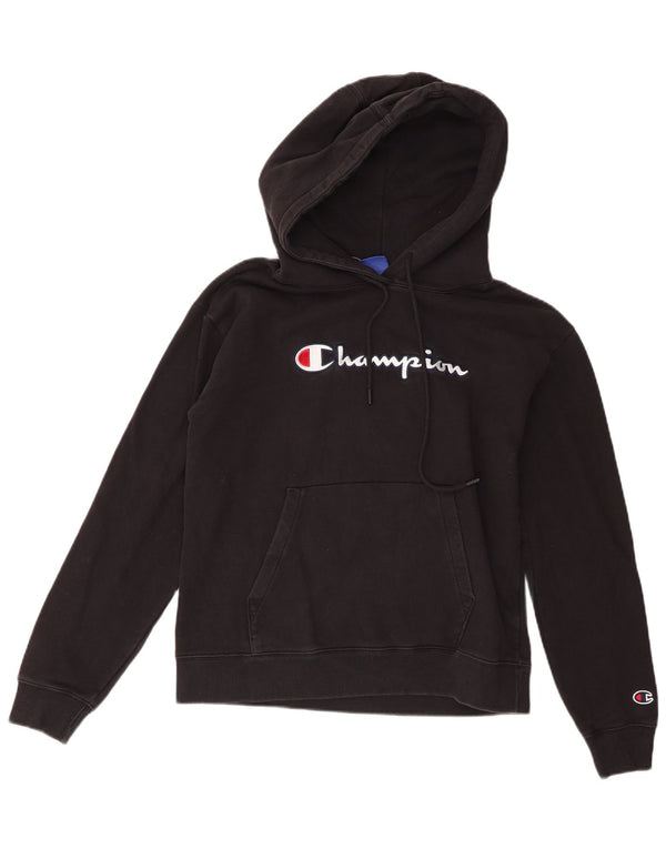 Pulover cu glugă supradimensionat cu grafic pentru femei Champion UK 10 Bumbac negru mic