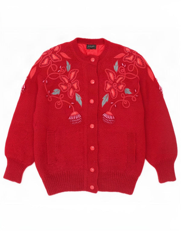 Pulover cardigan supradimensionat vintage pentru femei UK 16 Mohair floral mare roșu