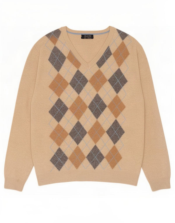 Massimo Dutti Pulover cu decolteu în V pentru bărbați, XL, bej, lână Argyle/Diamond