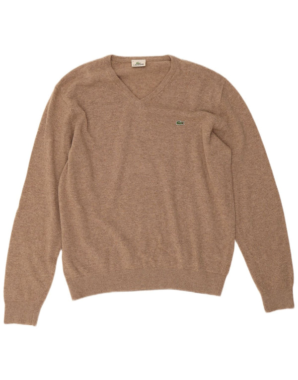 Pulover cu decolteu în V Lacoste pentru bărbați, mărimea 6 XL, bej, lână cu pete