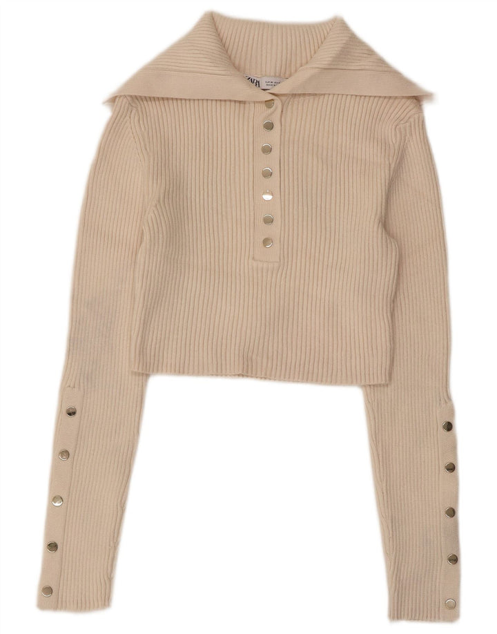 Pulover pentru femei ZARA Crop Polo Gâtul UK 12 Medium Beige Viscose