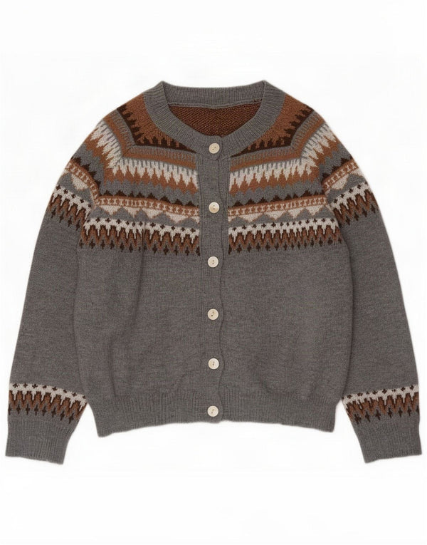 Vintage Womens Cardigan Pulover UK 16 Large Gri Fair Isle Poliester
