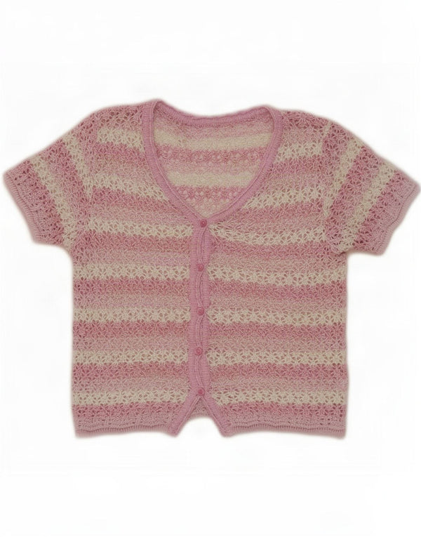 Pulover Cardigan Vintage cu mânecă scurtă pentru femei UK 14 Roz mediu cu dungi