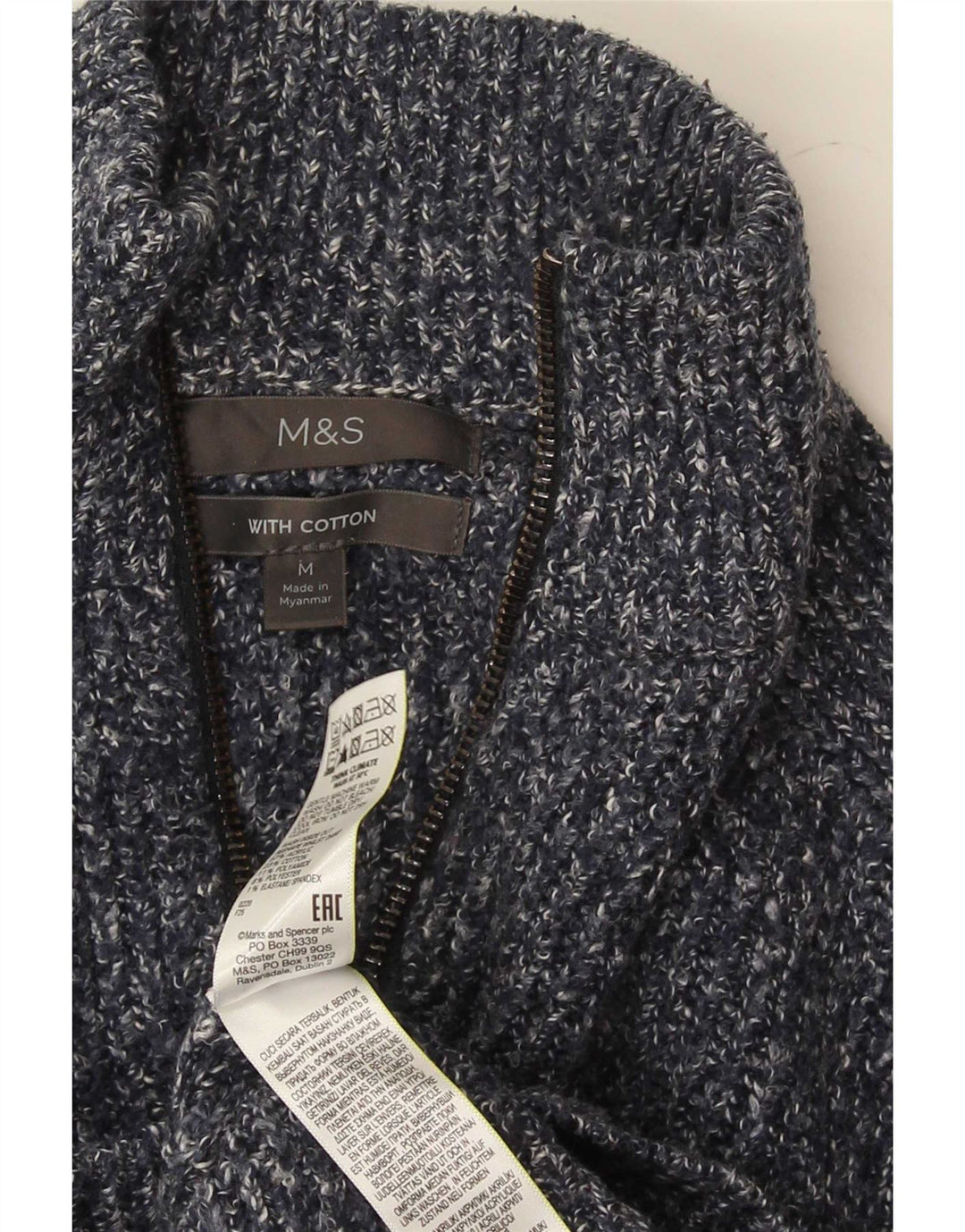 Pulover pentru bărbați Marks & Spencer, cu fermoar, cu gât, albastru mediu, acrilic cu pete