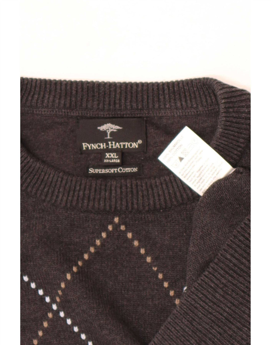 Pulover pentru bărbați Fynch Hatton, cu gât crew, 2XL, bumbac gri Argyle/Diamond