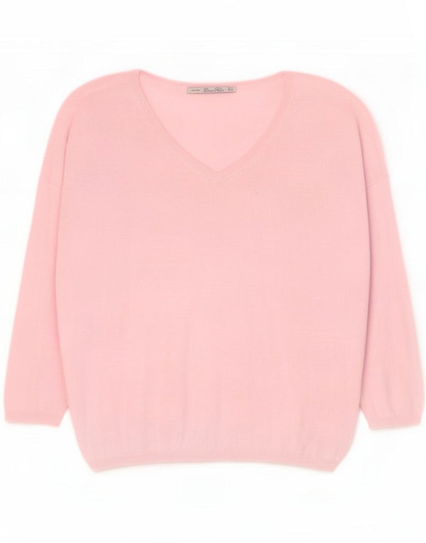 Pulover pentru femeie Zara, cu mâneci 3/4, cu decolteu în V, UK 14, bumbac roz mediu