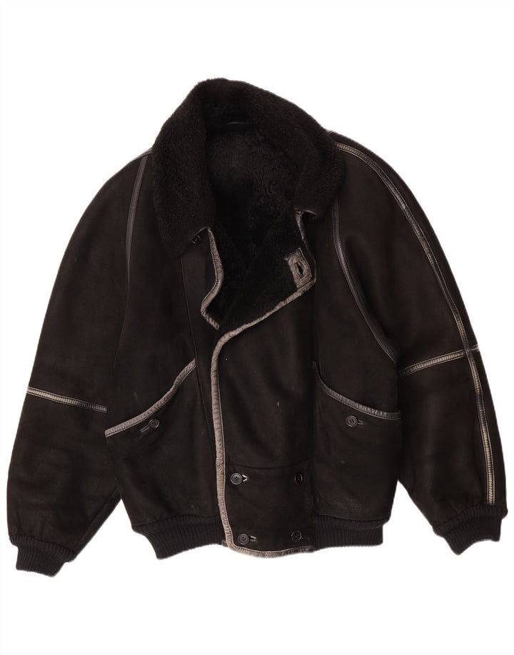 Jachetă vintage pentru bărbați din shearling IT 50 mare, neagră
