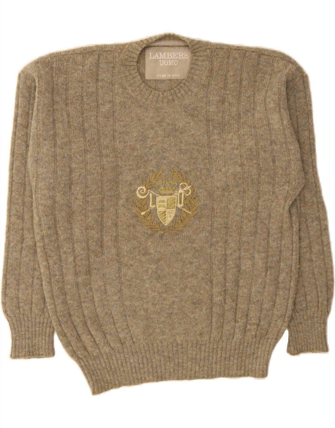 LAMBERS Mens Graphic Crew Neck Jumper Sweater IT 52 Large Grey Wool Vintage Lambers and Second-Hand Lambers from Messina Hembry 