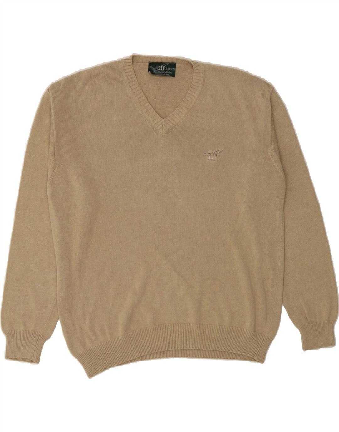 HENRY COTTONS Mens V-Neck Jumper Sweater XL Beige Vintage Henry Cottons and Second-Hand Henry Cottons from Messina Hembry 