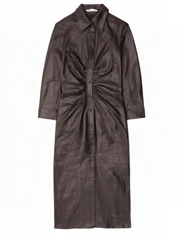 Zara Womens Faux Leather Shirt Dress UK 12 Medium Black Polyurethane