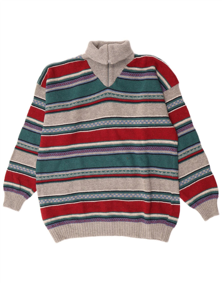 Pulover vintage pentru bărbați cu fermoar și gât, lână de miel cu dungi mari, multicolore