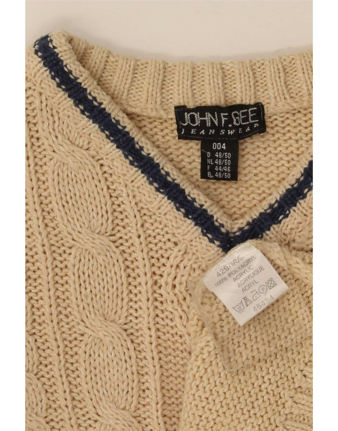 John F Gee Pulover cu decolteu în V pentru bărbați IT 48/50 Medium Bej Poliacrilic