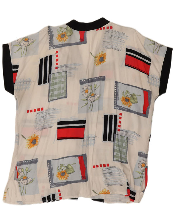 Bluză vintage pentru femei cu mânecă scurtă, cămașă UK 20 2XL, viscoză florală albă