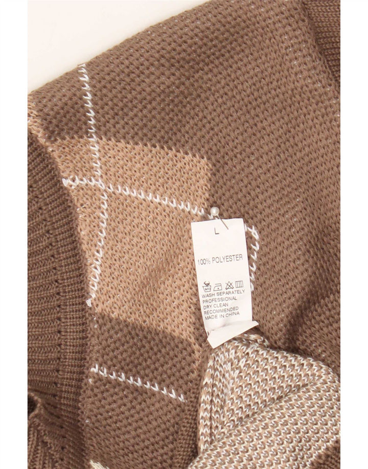 Pulover vintage pentru femei cu decolteu în V, mare, maro, poliester Argyle/Diamond