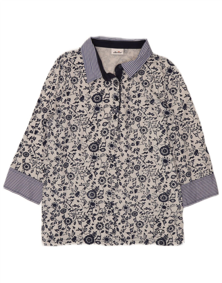 ELLESSE Womens 3/4 Sleeve Pullover Shirt UK 14 Large White Floral Cotton