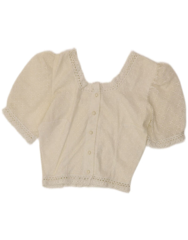 Bluză vintage pentru femei cu mânecă scurtă, cămașă scurtă UK 10, albă, florală