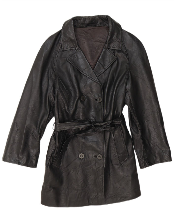Palton din piele vintage pentru femei la dublu piept UK 14 Medium Black