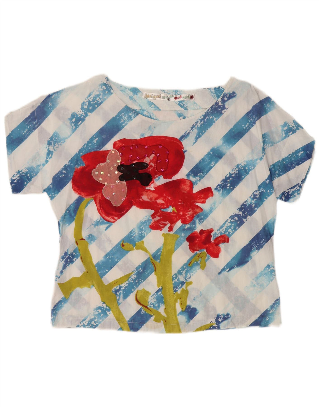 DESIGUAL Bluză cu grafică pentru femei UK 14 Medium Blue Striped