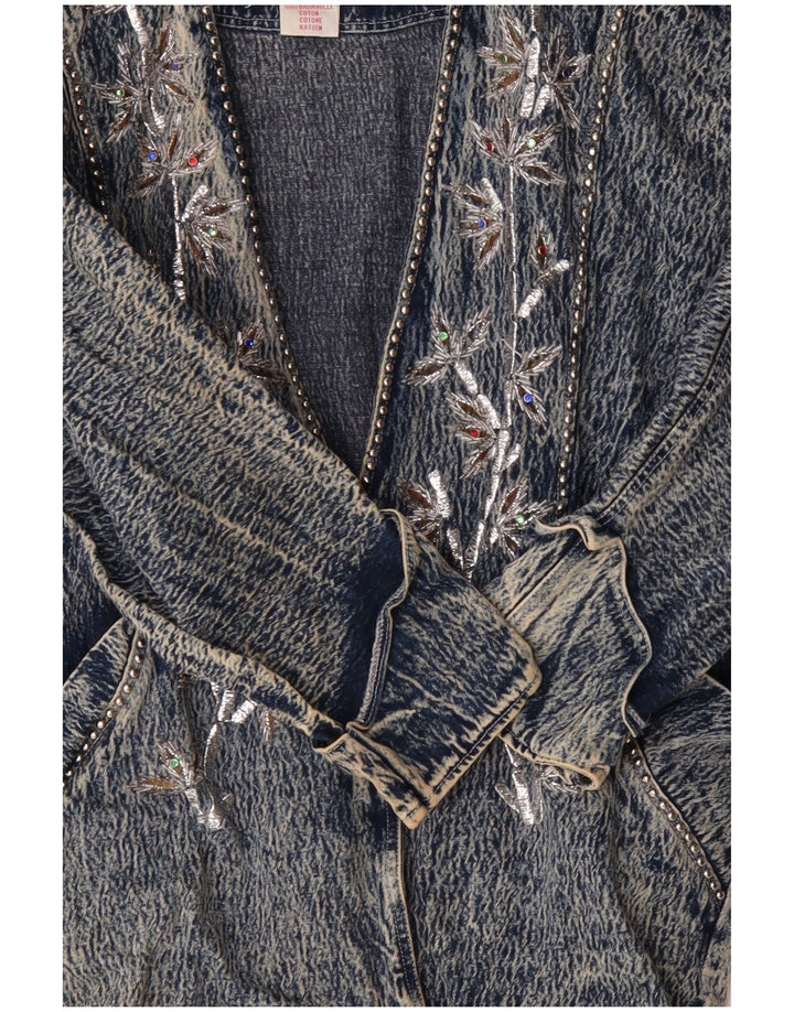 JAZZINO Jachetă de blugi supradimensionată pentru femei cu mâneci 3/4 UK 18 XL Albastru Floral