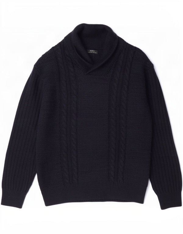 Zara Mens Shawl Neck Jumper Sweater XL Navy Blue Acrylic
