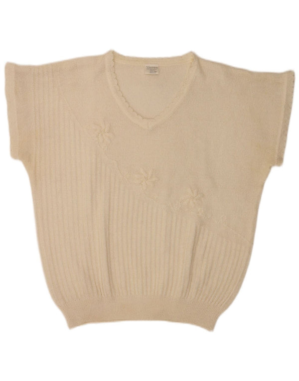 Bluză vintage cu mânecă scurtă pentru femei UK 20 2XL Alb Floral Poliacrilic