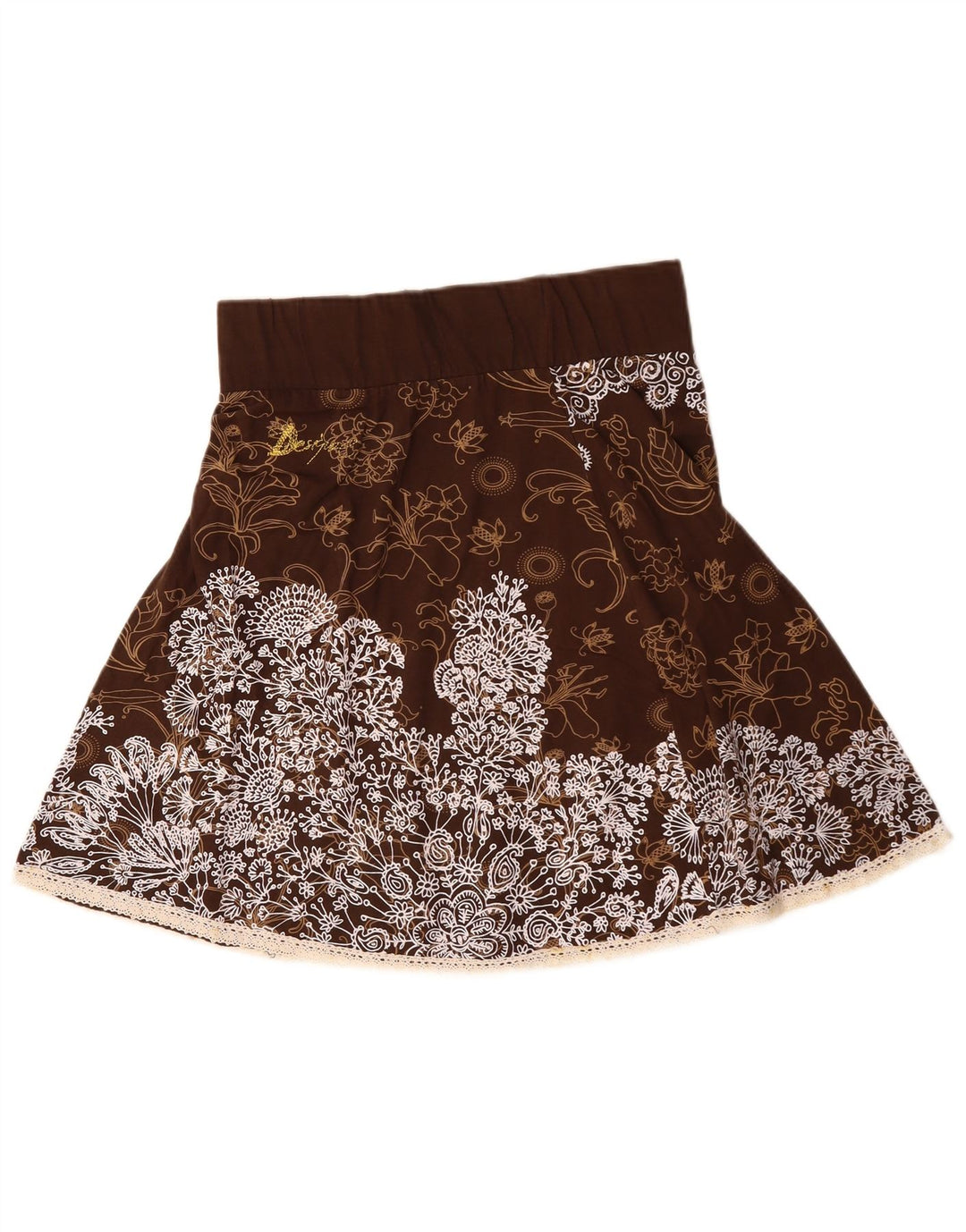 DESIGUAL Fusta în formă de A cu talie înaltă pentru femei, mare W30, bumbac cu flori maro