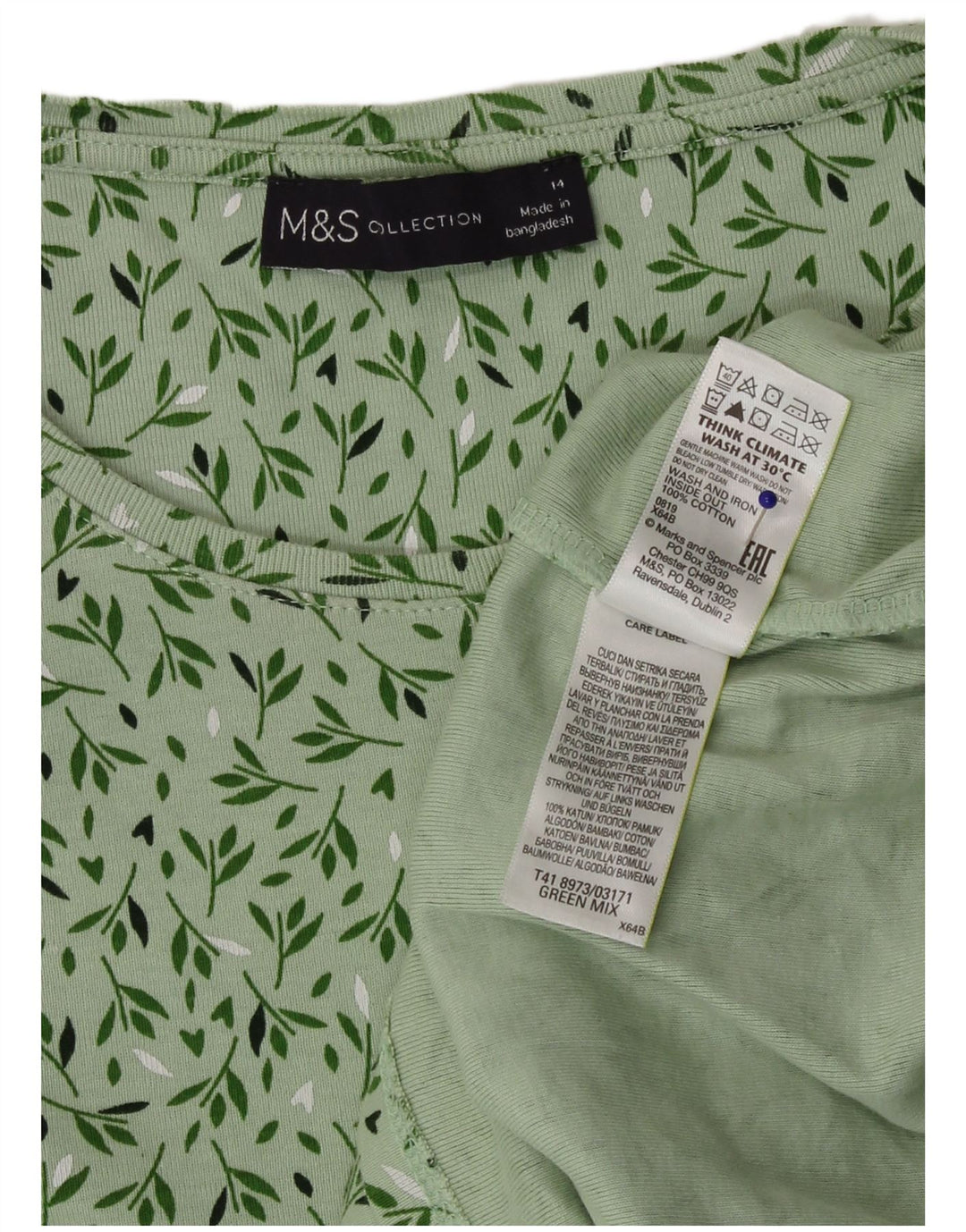 Top pentru femei Marks & Spencer cu mânecă lungă UK 14, verde mediu, bumbac floral