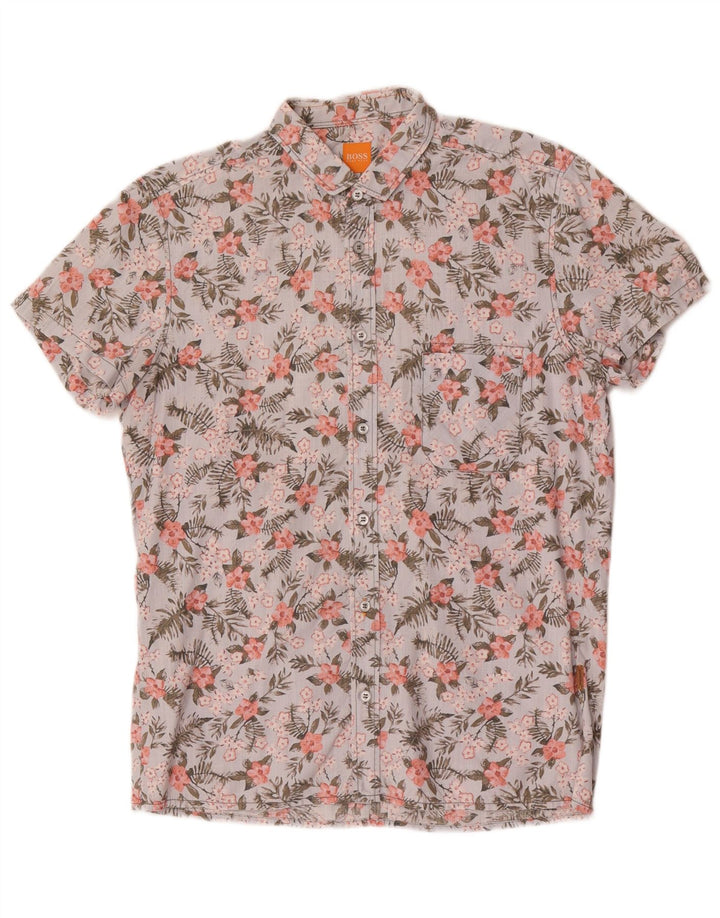 Cămașă cu mânecă scurtă pentru bărbați Hugo Boss, bumbac floral, albastru mediu