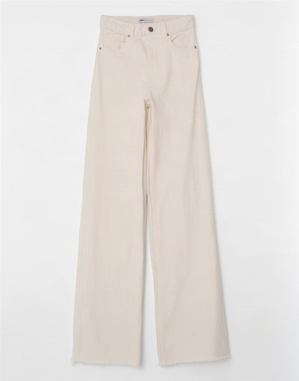Blugi Zara femei cu talie înaltă cu picioare largi EU 34 2XS W24 L33 bumbac alb cadru