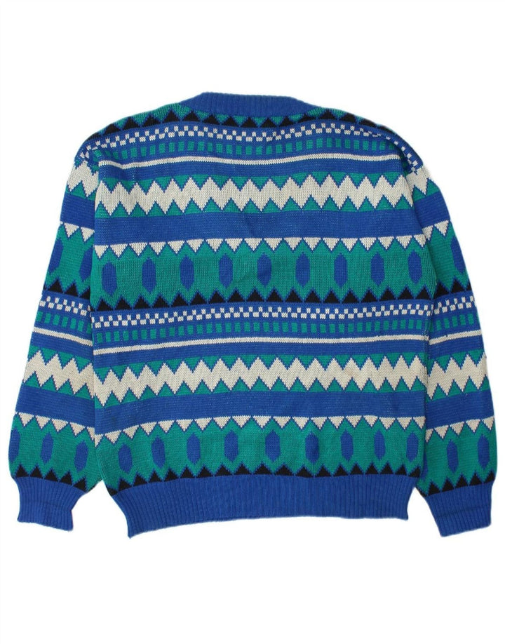 VINTAGE Mens V-Neck Jumper Sweater Medium Blue Geometric