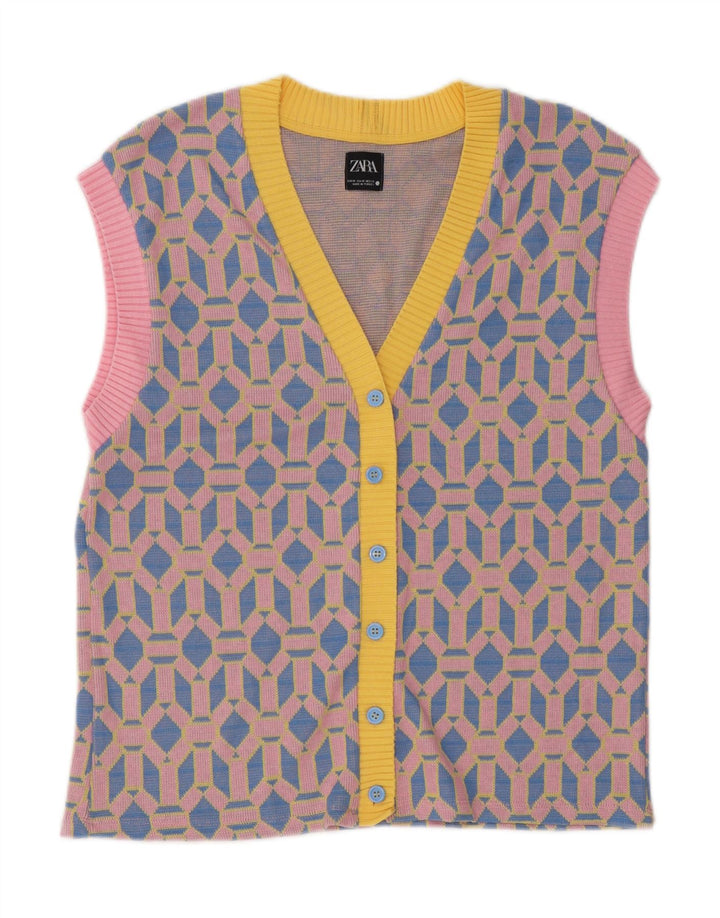 Pulover cardigan fără mâneci Zara pentru femei UK 14 Medium Blue Geometric
