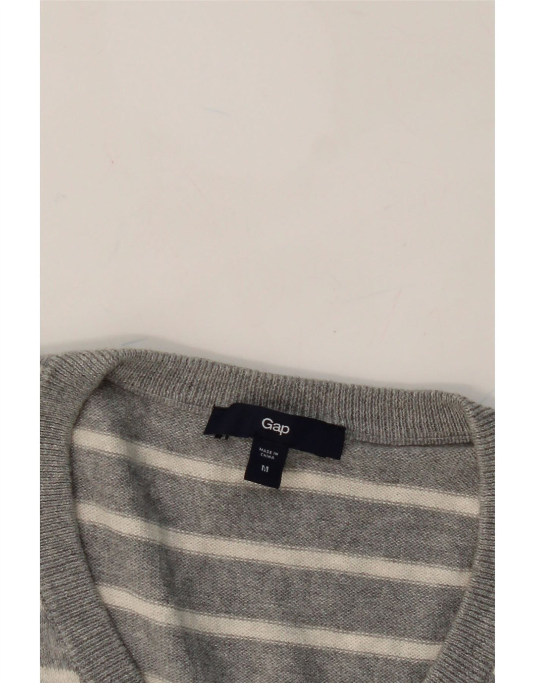 GAP Mens V-Neck Jumper Sweater Medium Grey Striped Cotton Vintage Gap and Second-Hand Gap from Messina Hembry 