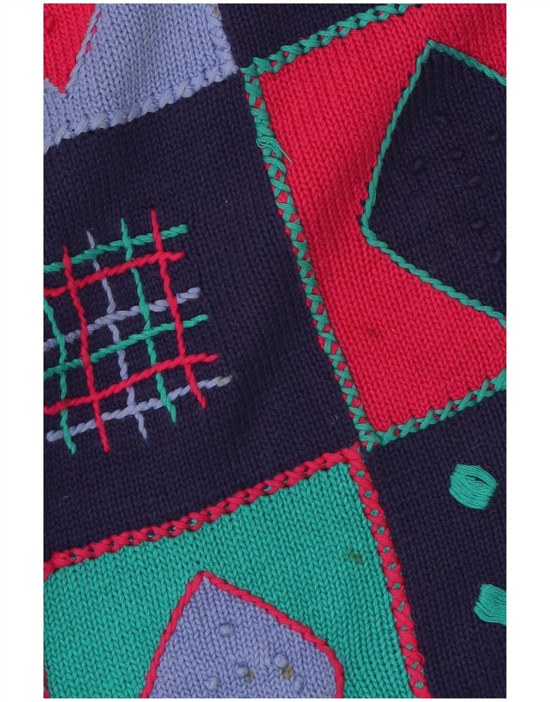 Pulover VINTAGE pentru femei cu decolteu triplu UK 14 Medium Patchwork bleumarin