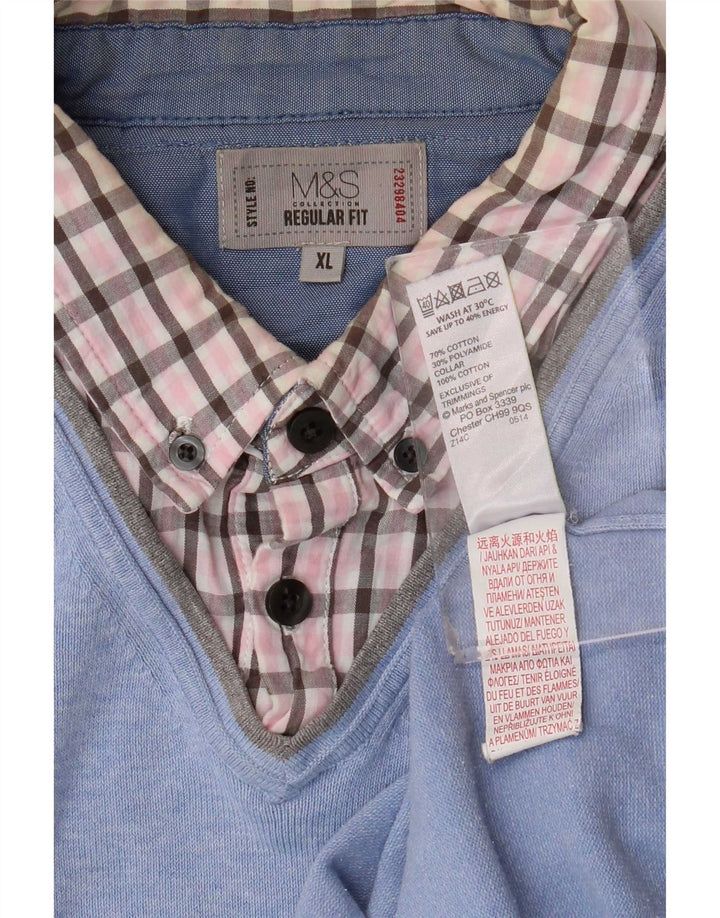 Pulover cu decolteu în V pentru bărbați Marks & Spencer, XL, bumbac cu check-uri albastre