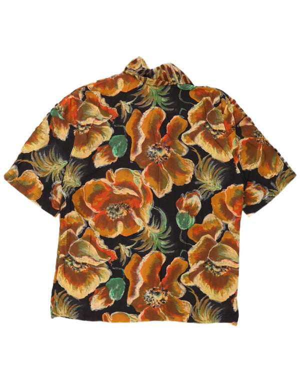 Bluză cămașă cu mânecă scurtă vintage pentru femei UK 14 Medium Black Floral Viscose
