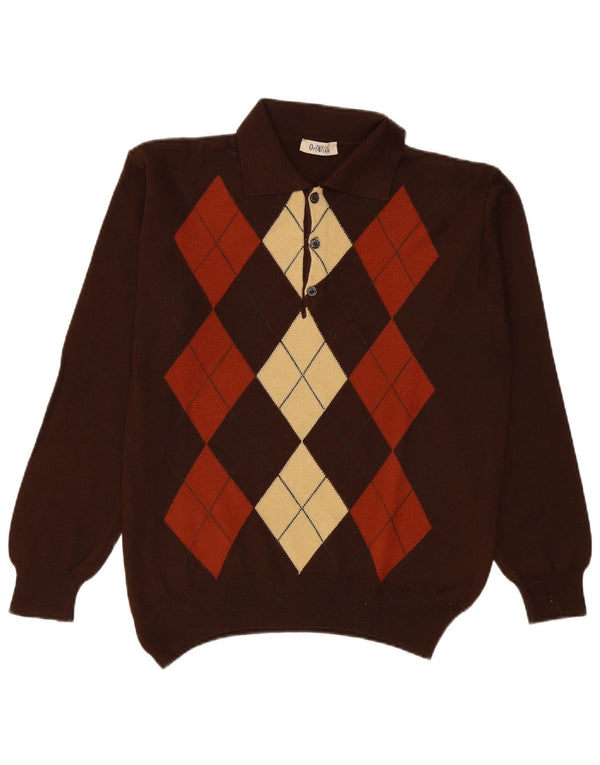 Paolo Ottaviani Mens Polo Neck Jumper Sweater Large Brown Argyle/Diamond