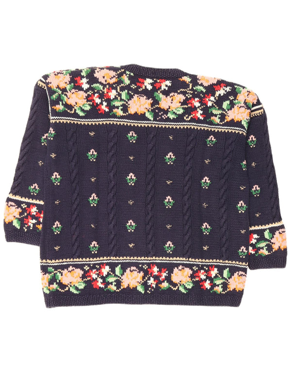 Vintage Womens Cardigan Sweater UK 18 XL Navy Blue Floral Cotton