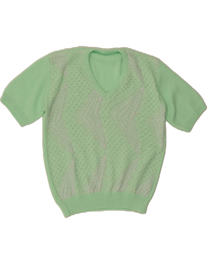VINTAGE Womens Abstract Pattern V-Neck Jumper Sweater UK 14 Medium Green Vintage Vintage and Second-Hand Vintage from Messina Hembry 