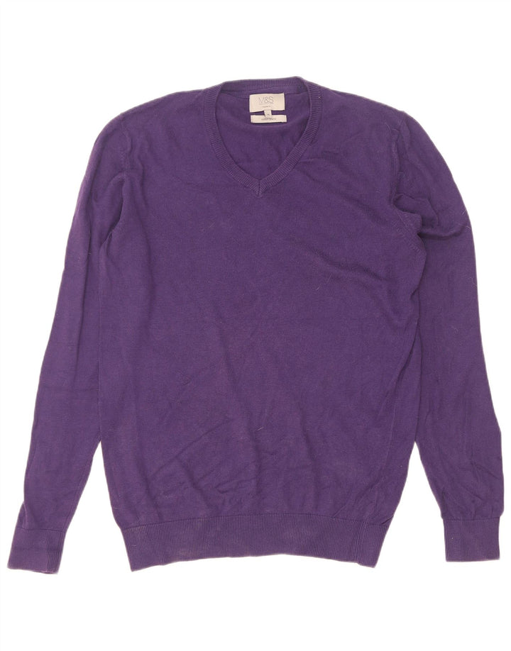 Pulover cu decolteu în V pentru bărbați Marks & Spencer, bumbac violet mediu