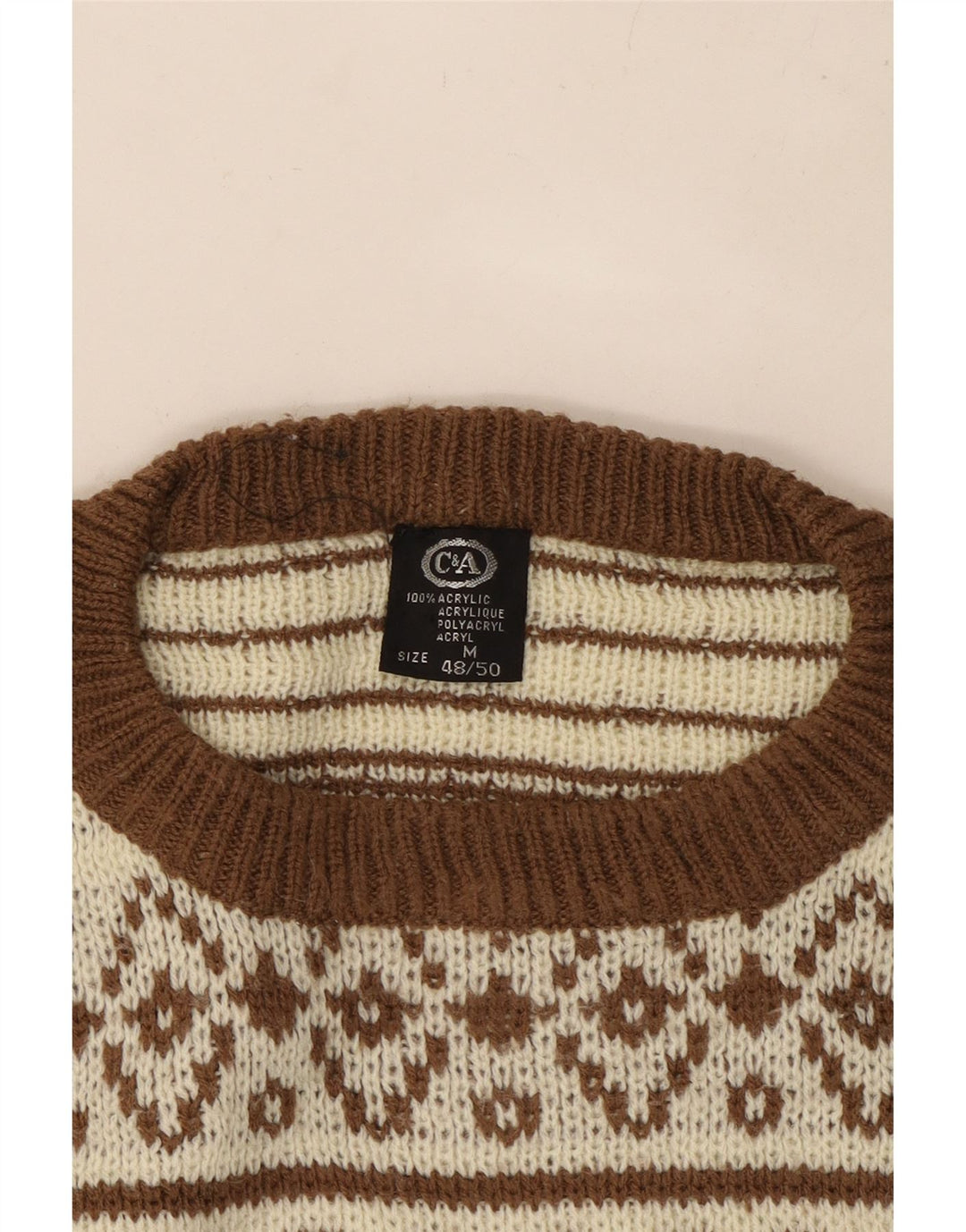 C & A Pulover pentru bărbați cu gât roșu IT 48/50 Medium Bej Fair Isle