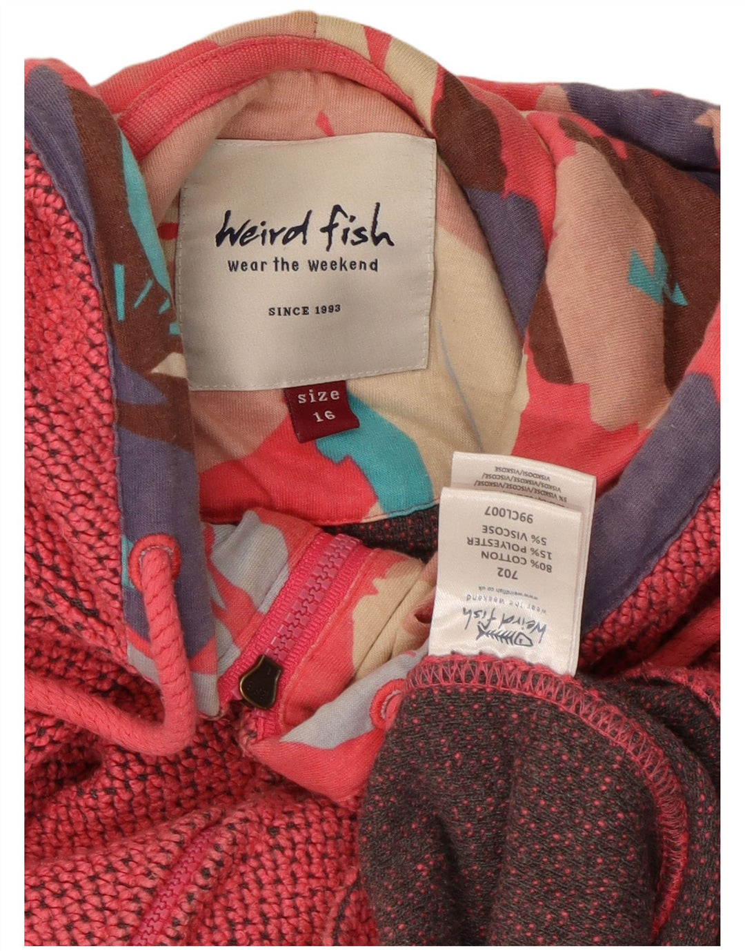 WEIRD FISH Pulover cu capota cu fermoar pentru femei UK 16 Bumbac roz mare