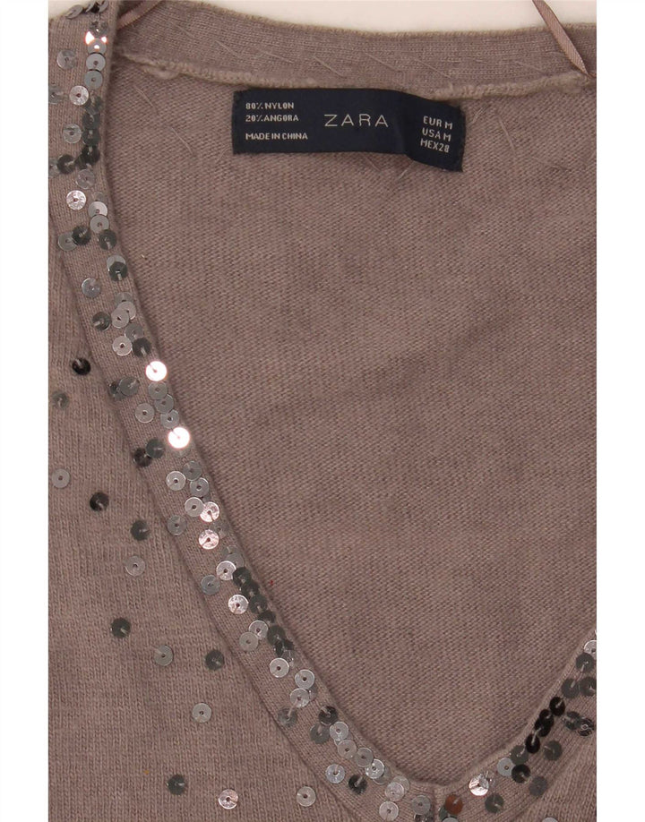 Pulover pentru femei cu decolteu în V Zara UK 14 Maro Mediu