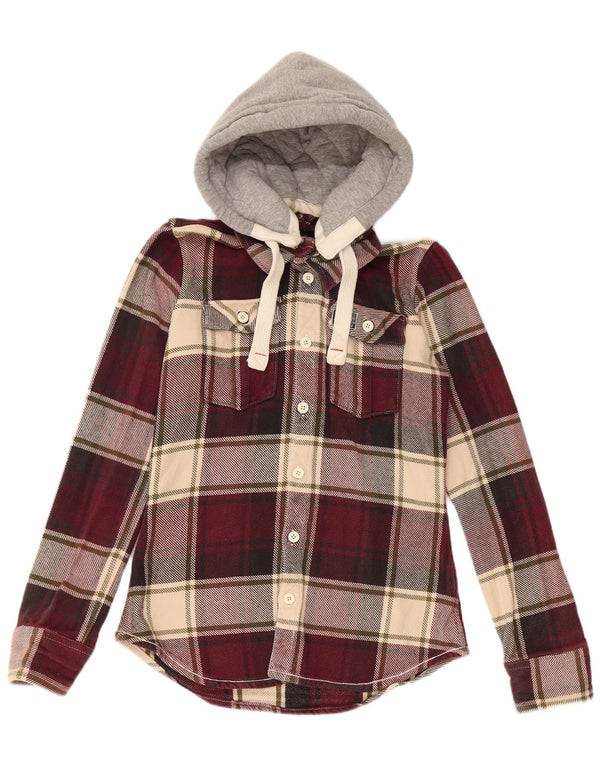 Cămașă de flanel lumberjack cu glugă pentru bărbați SUPERDRY, bumbac cu carouri burgundă
