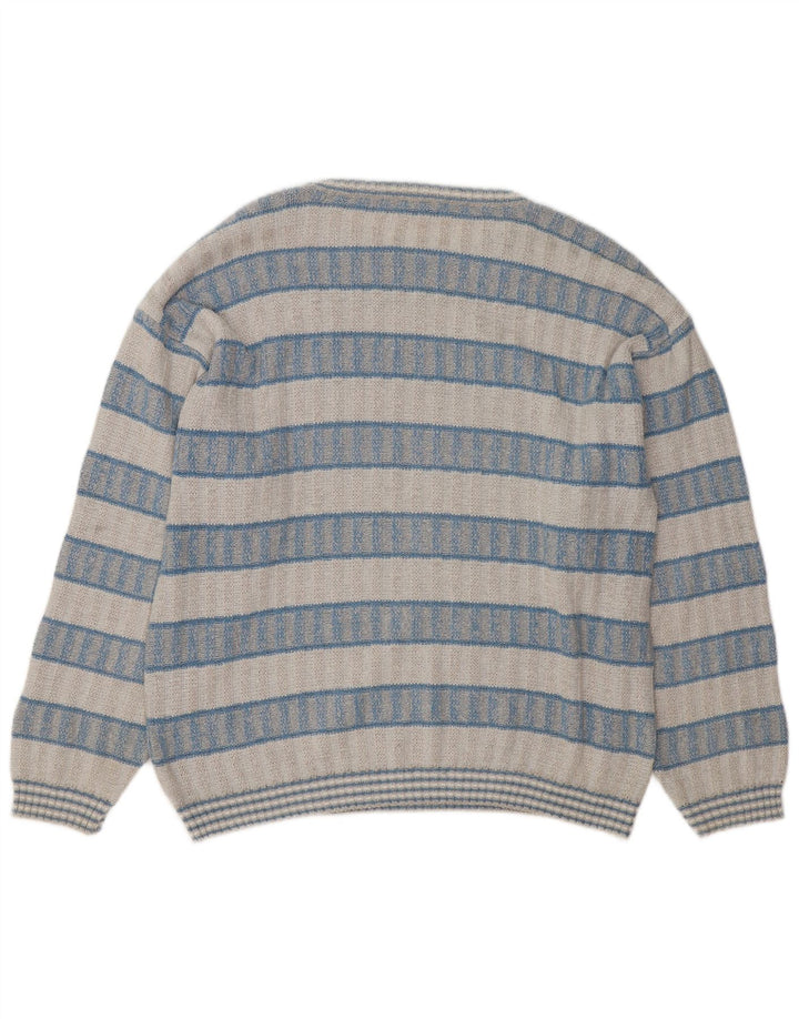 VINTAGE Mens Crew Neck Jumper Sweater Large Blue Striped